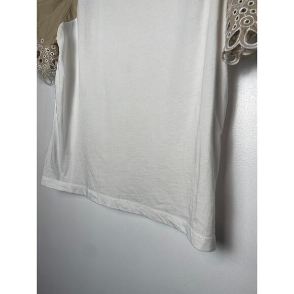 Veronica Beard Briana Embroidered Short-Puffed Sleeve Tee White & Light Khaki M - Picture 12 of 16